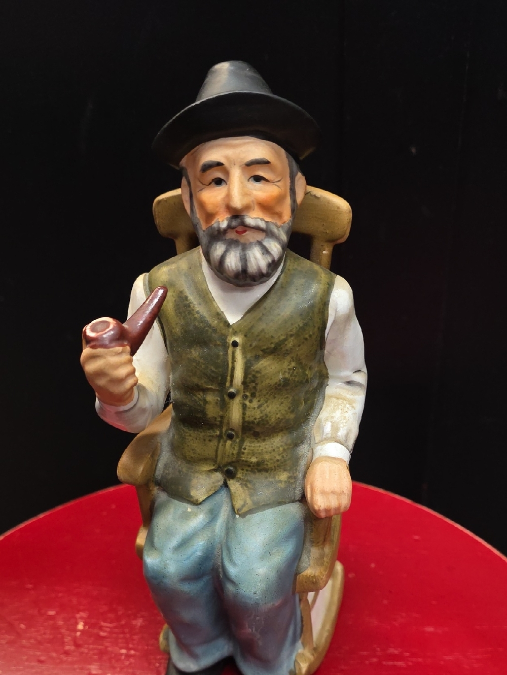 Vintage Tilso Hand-Painted Elderly Man 8" Figurine in Green Vest and Black Hat